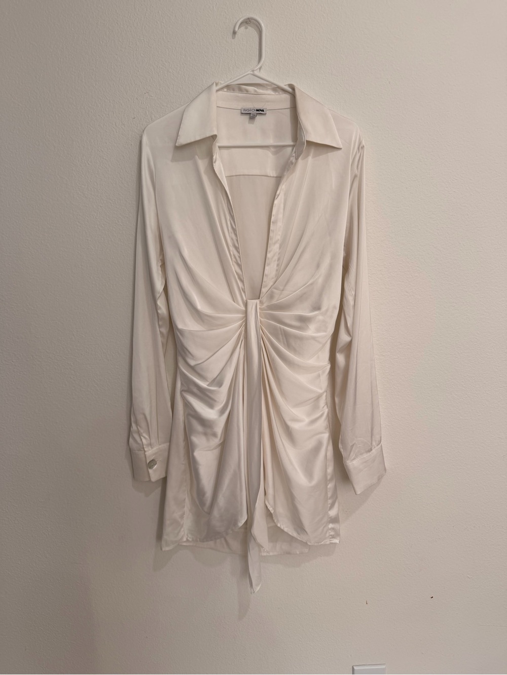 FashionNova Cream Twist-Front Satin Blouse